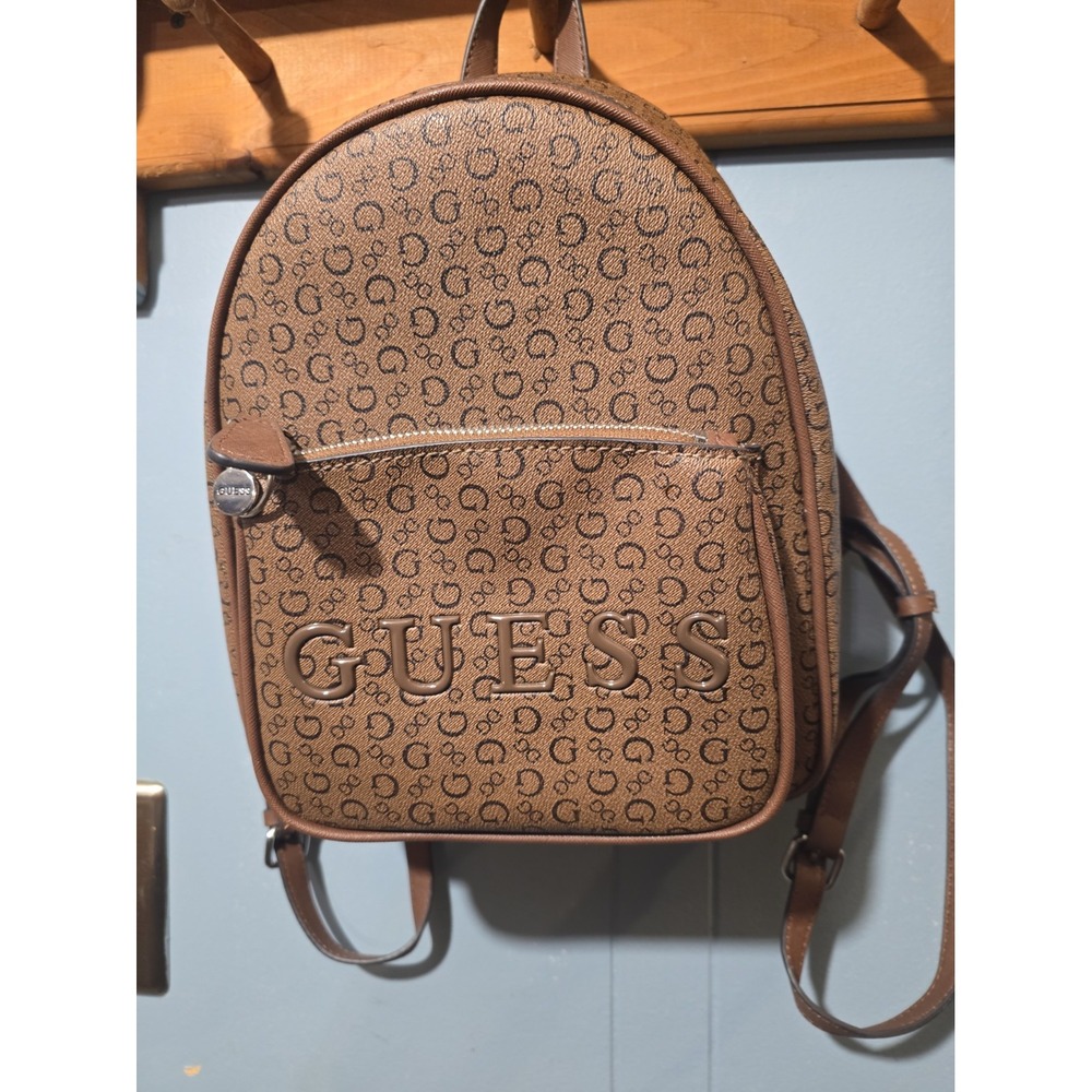 Guess Brown Logo Pattern Mini Backpack